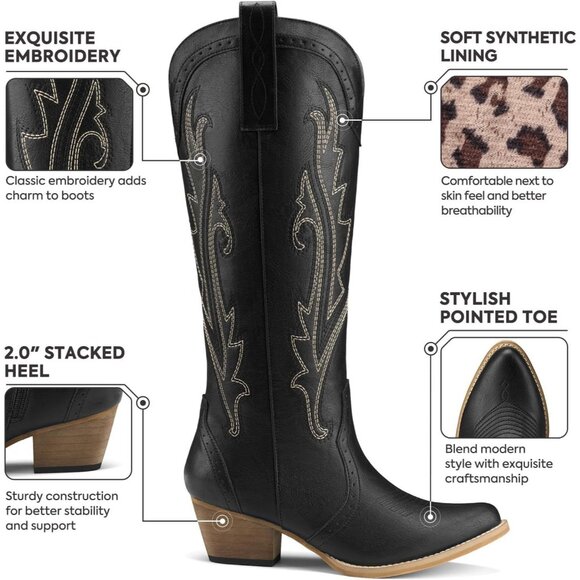 Women's Black Leather Embroidered Knee Chunky High Heel Western Pointy Toe Boot - Picture 4 of 5